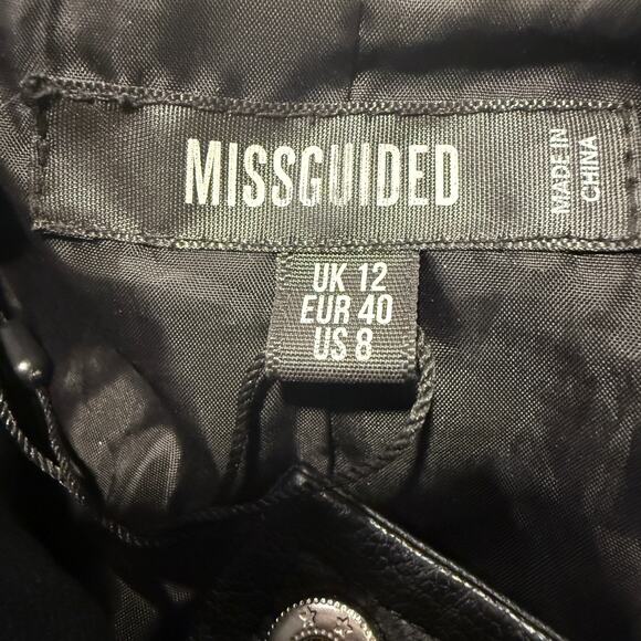Missguided Black Faux Leather Moto Biker Jacket Black Zip Up Women 8 Edgy Winter - Picture 6 of 9
